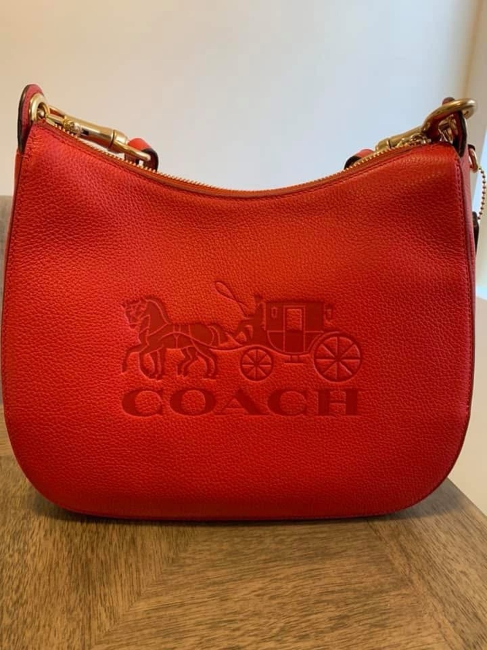 Coach Red Pebbled Leather Shoulder Bag with Embossed Coach Logo